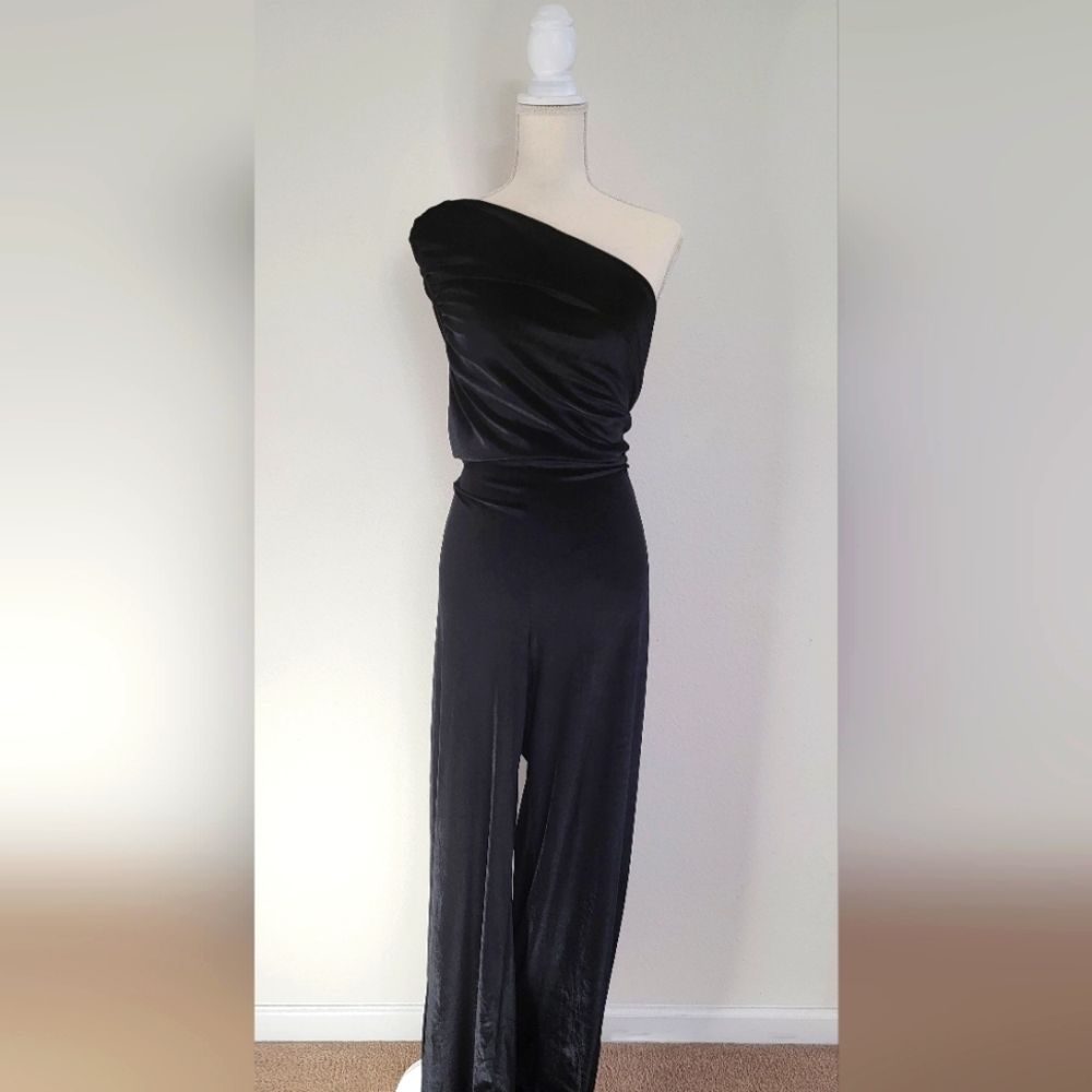 New With Tags - Prettylittlethings Black Velvet One Shoulder Wide Leg Jumpsuit